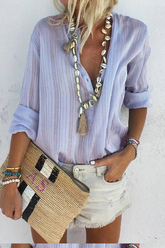 Street Striped Buttons V Neck Blouses (3 Colors)